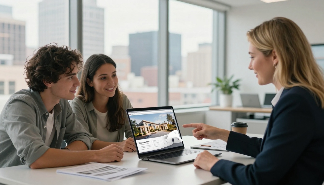 Real estate agent showing a property brochure flipbook on a laptop to a young couple in a modern office Real estate agent showing a property brochure flipbook on a laptop to a young couple in a modern office