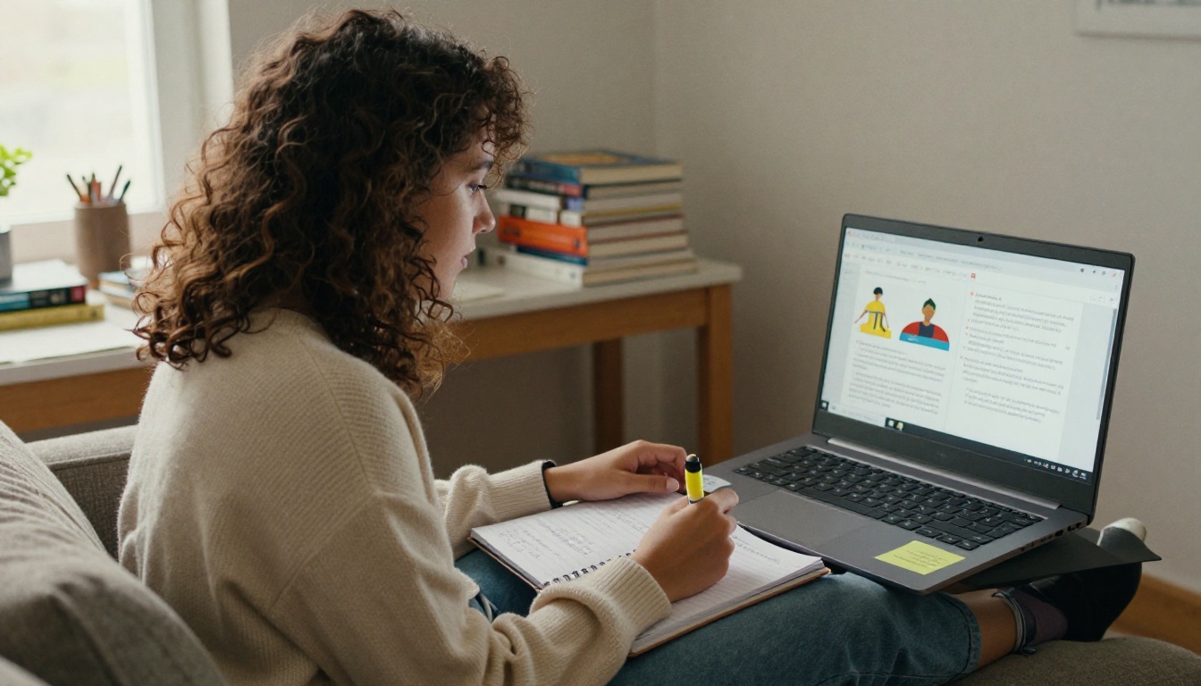 Female university student with curly hair studying course materials presented as an interactive flipbook on a laptop Female university student with curly hair studying course materials presented as an interactive flipbook on a laptop
