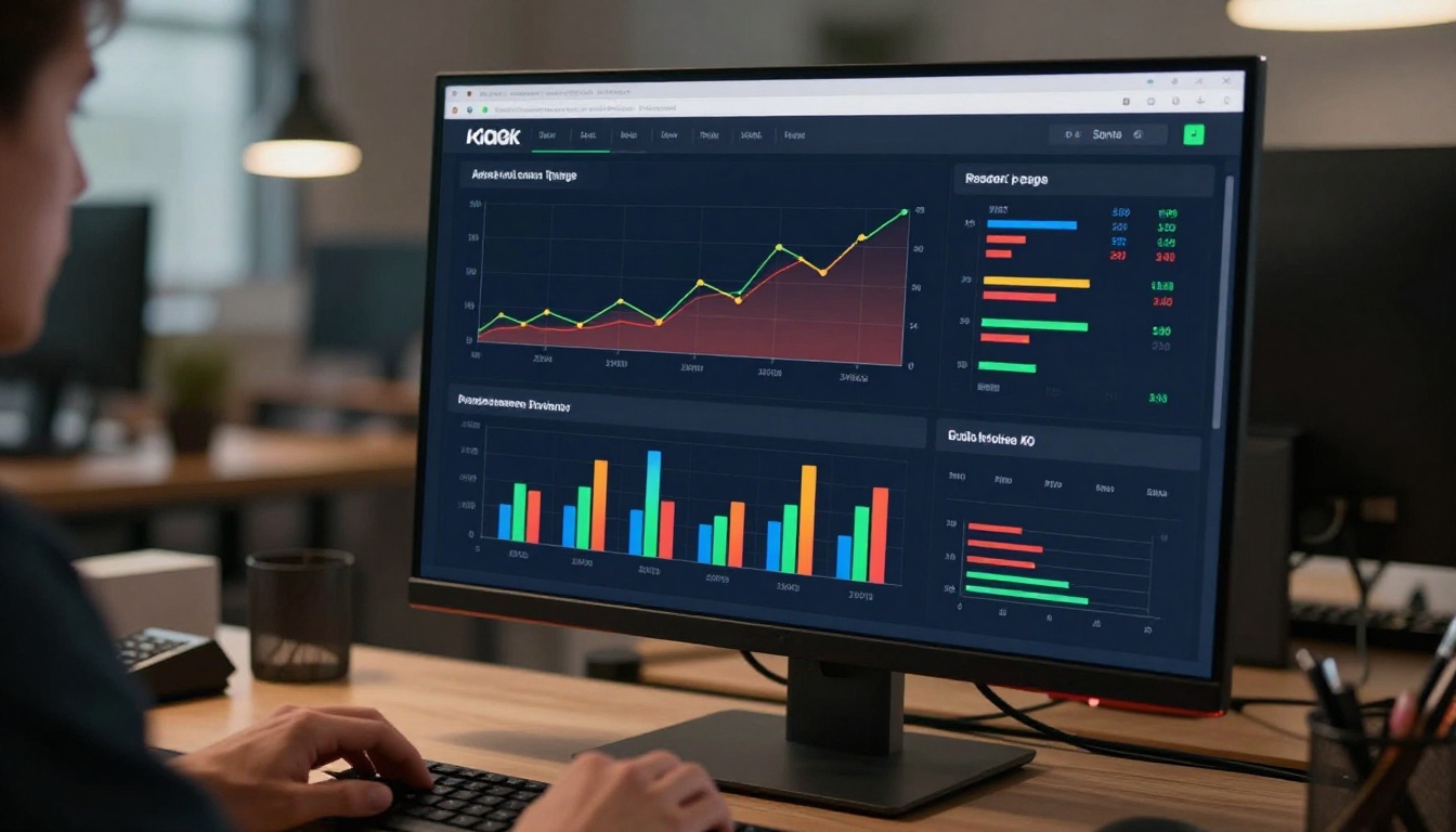 Clean analytics dashboard on a monitor displaying reader engagement metrics, bar charts, and heatmaps Clean analytics dashboard on a monitor displaying reader engagement metrics, bar charts, and heatmaps