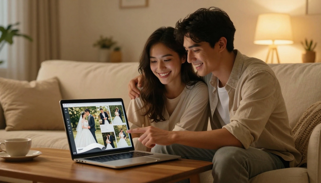 Happy couple sitting together on a sofa viewing a wedding album flipbook on a laptop with warm golden lamp light Happy couple sitting together on a sofa viewing a wedding album flipbook on a laptop with warm golden lamp light
