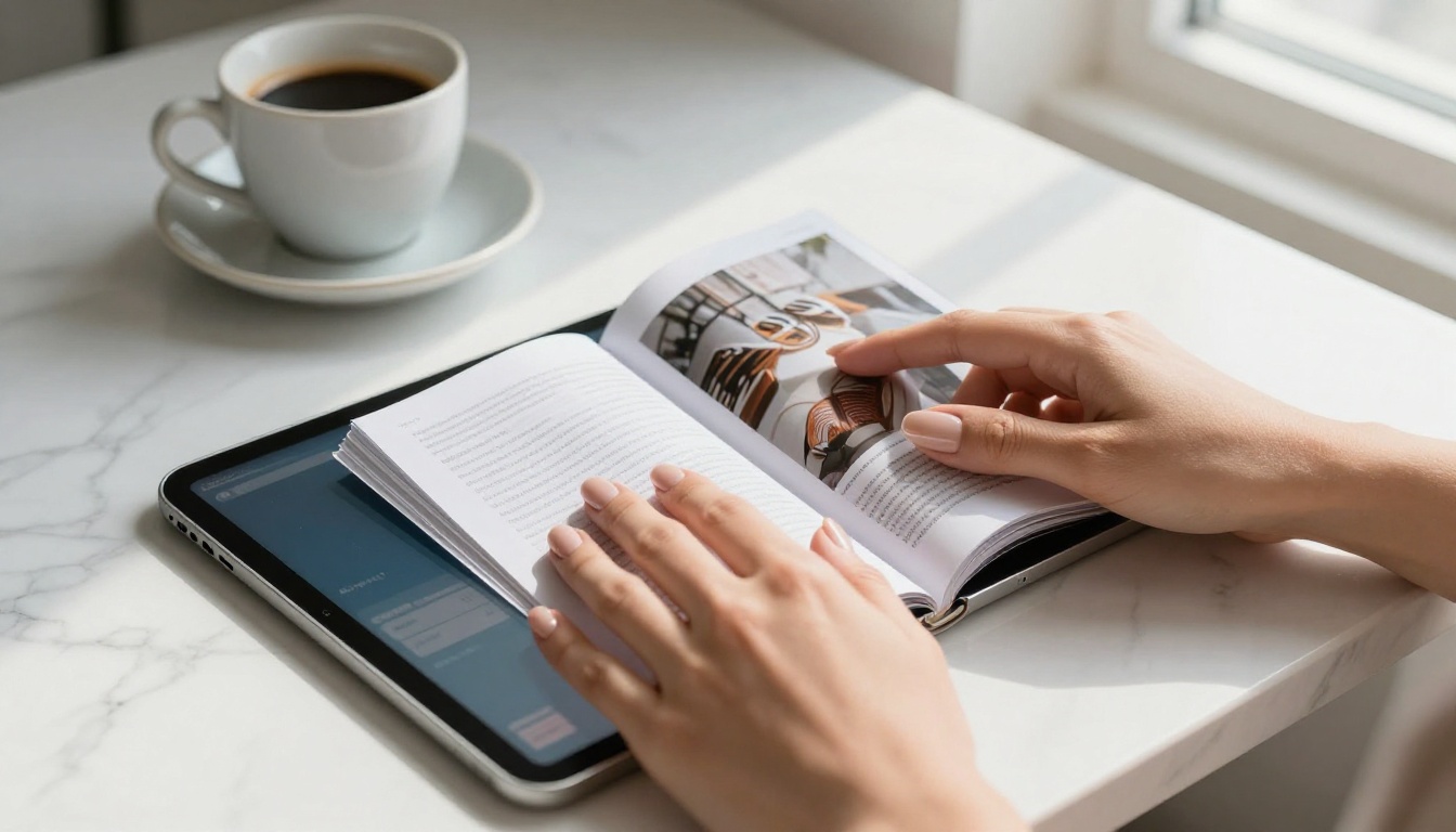 Hands flipping through a digital magazine on iPad on marble surface