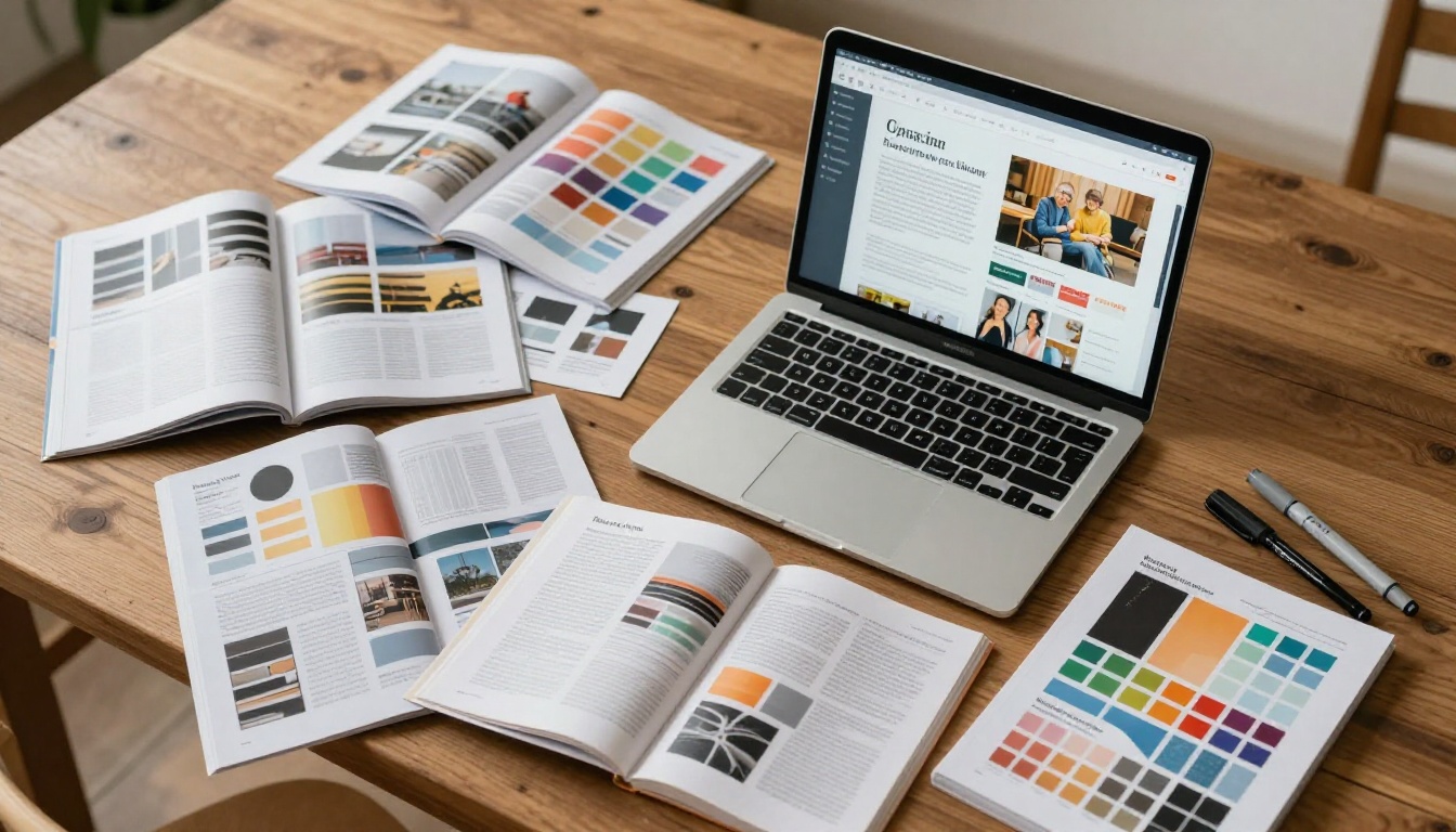 Aerial flat-lay of a creative workspace with magazines and publishing tools