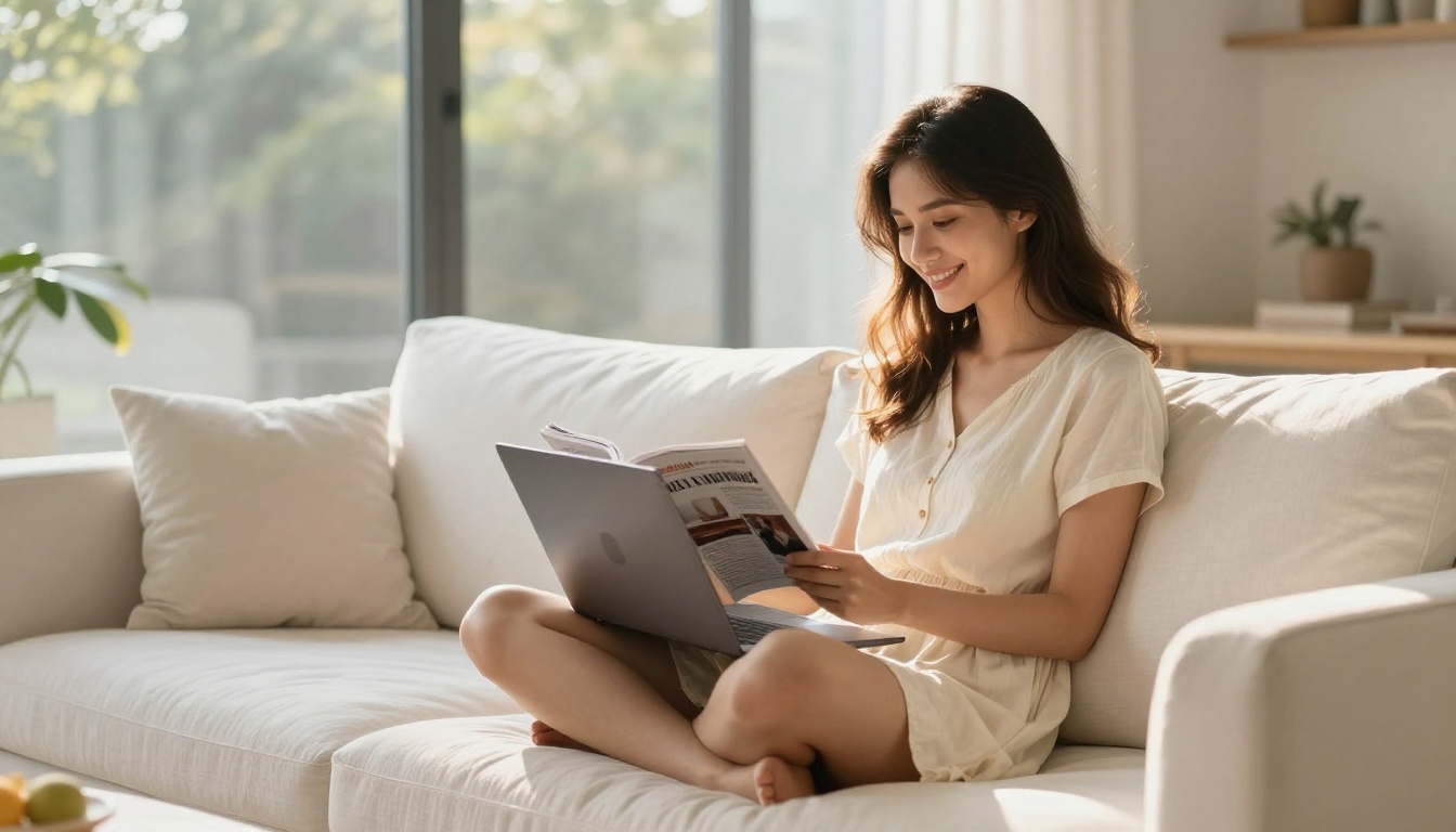 Young woman reading digital magazine on laptop on white sofa in bright living room