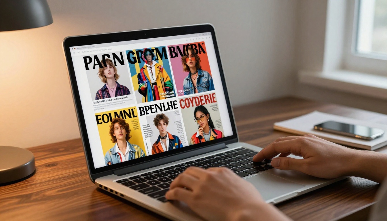 Laptop screen showing a colorful editorial magazine layout on walnut desk