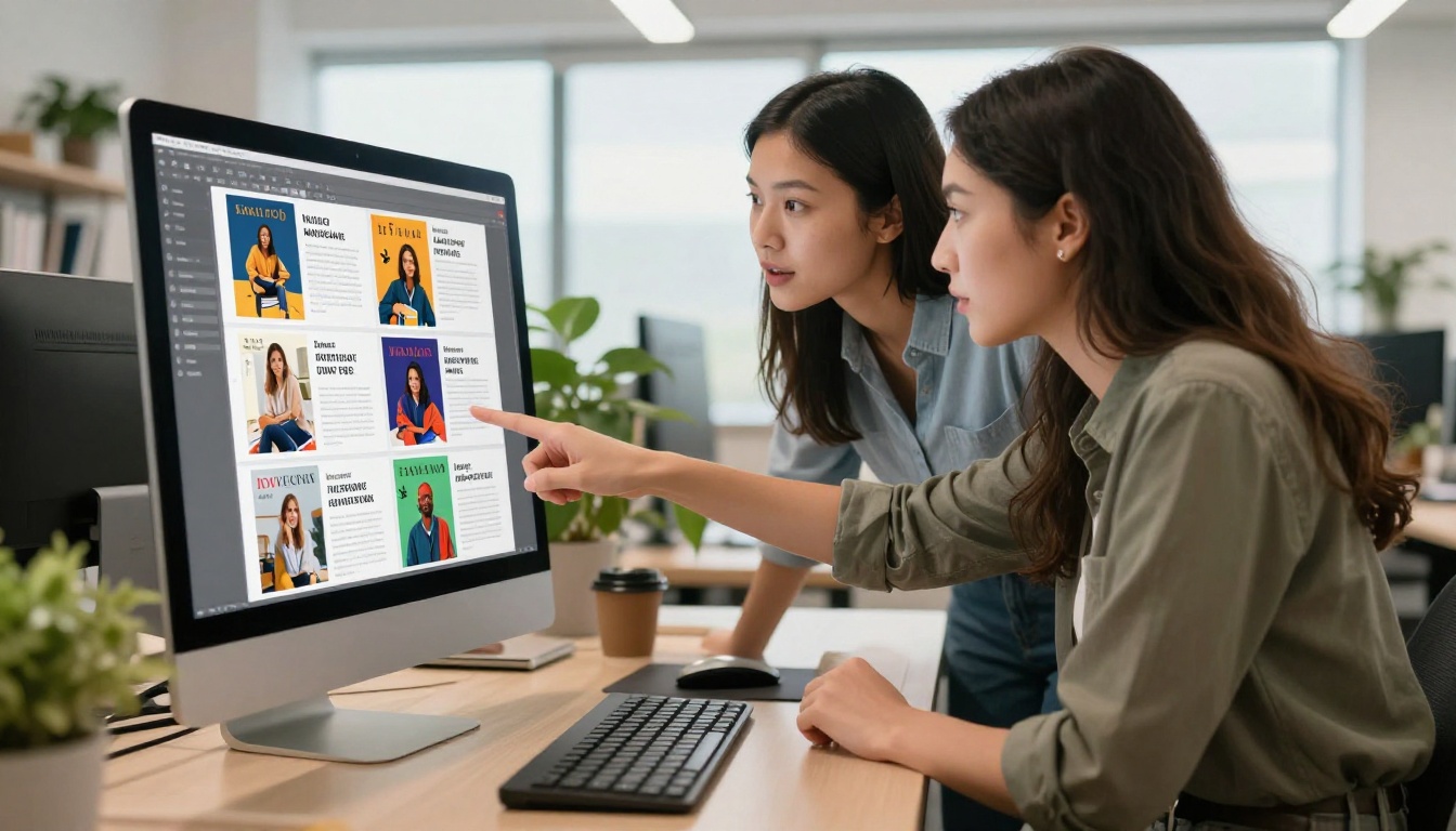 Two women collaborating on digital magazine content at office monitor