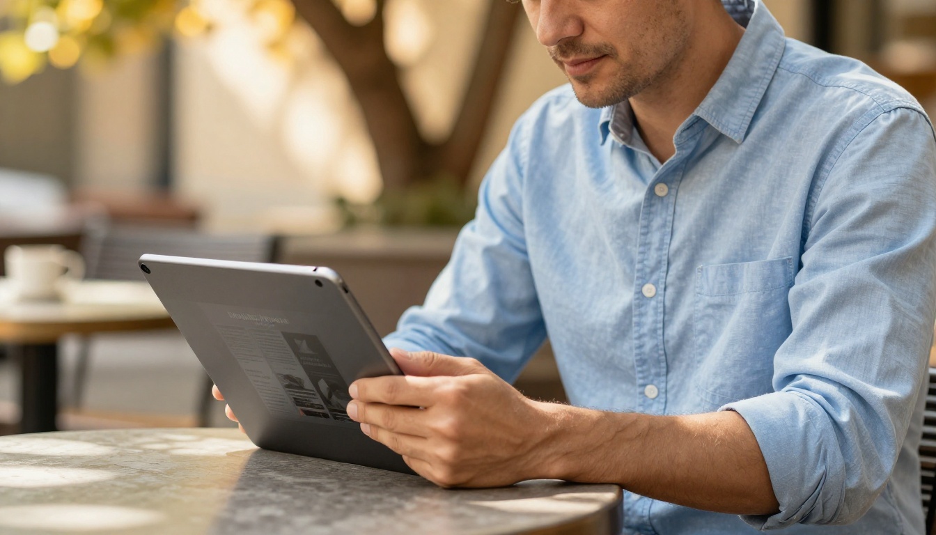 Man reading digital magazine on tablet at outdoor cafe with golden sunlight