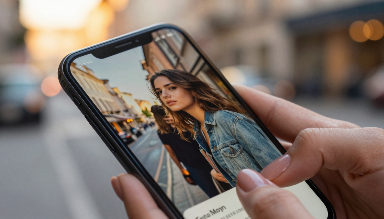 Smartphone displaying a digital magazine with golden hour bokeh city background