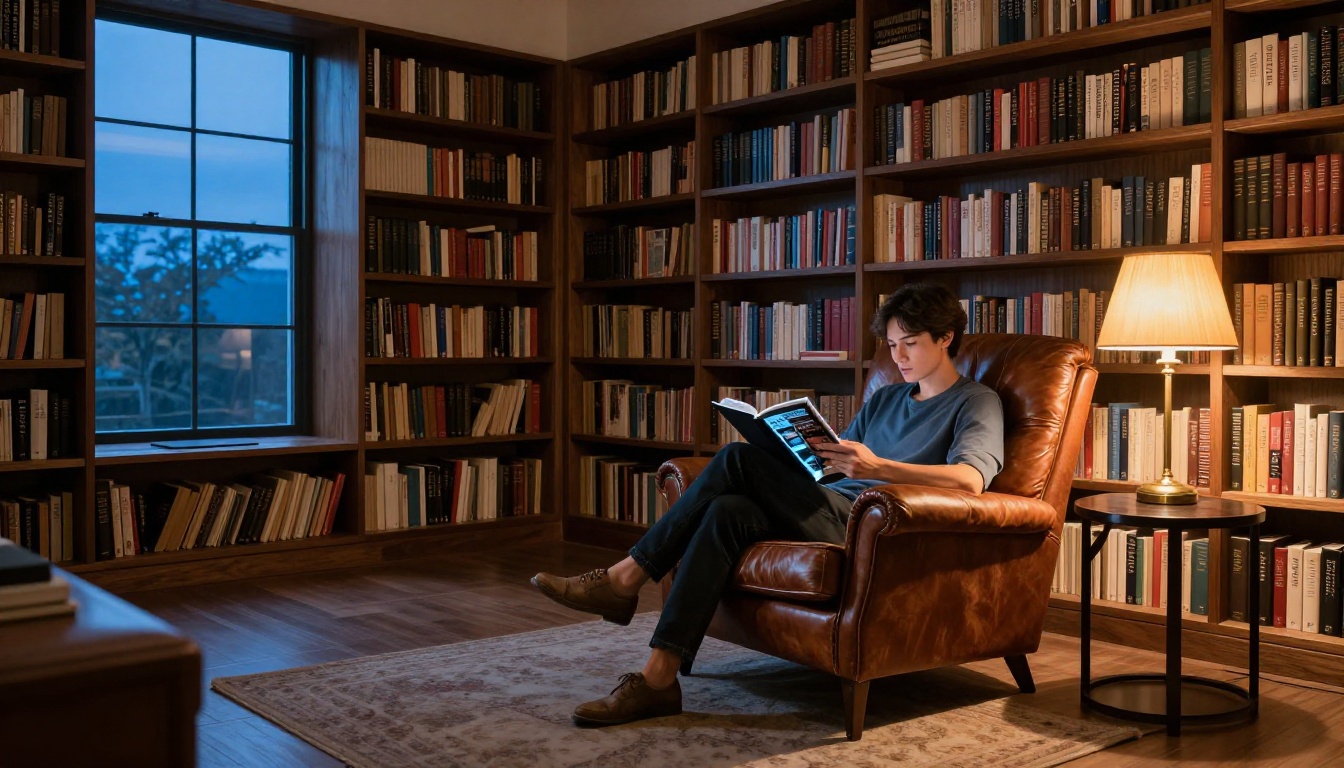 Person reading digital magazine in cozy home library leather armchair