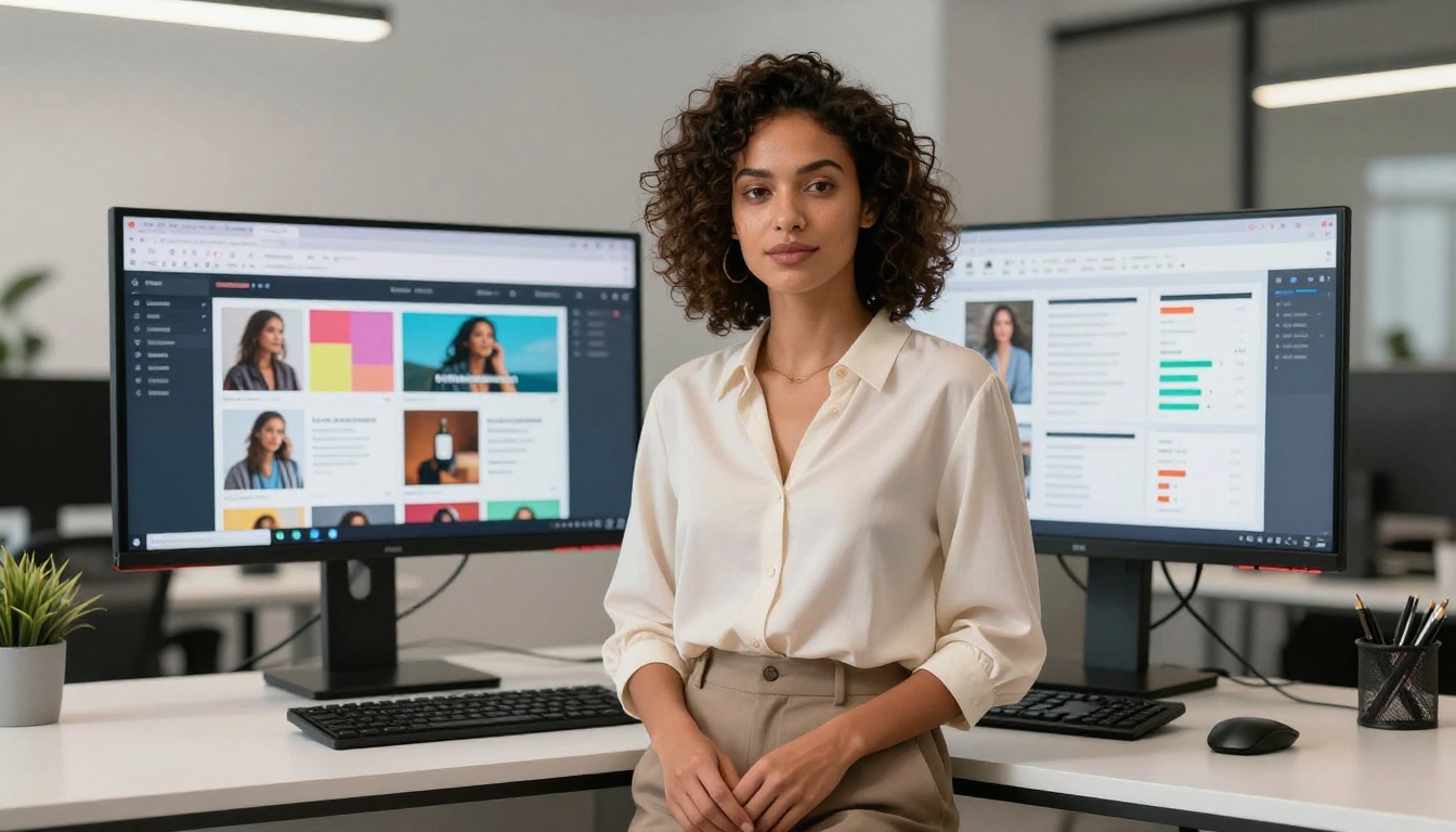 Woman managing digital magazine publishing dashboard at standing desk with dual monitors