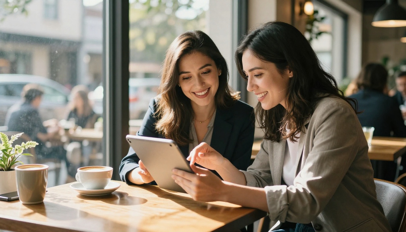 Marketing professional presenting a flipbook on a tablet to a colleague at a sunlit cafe