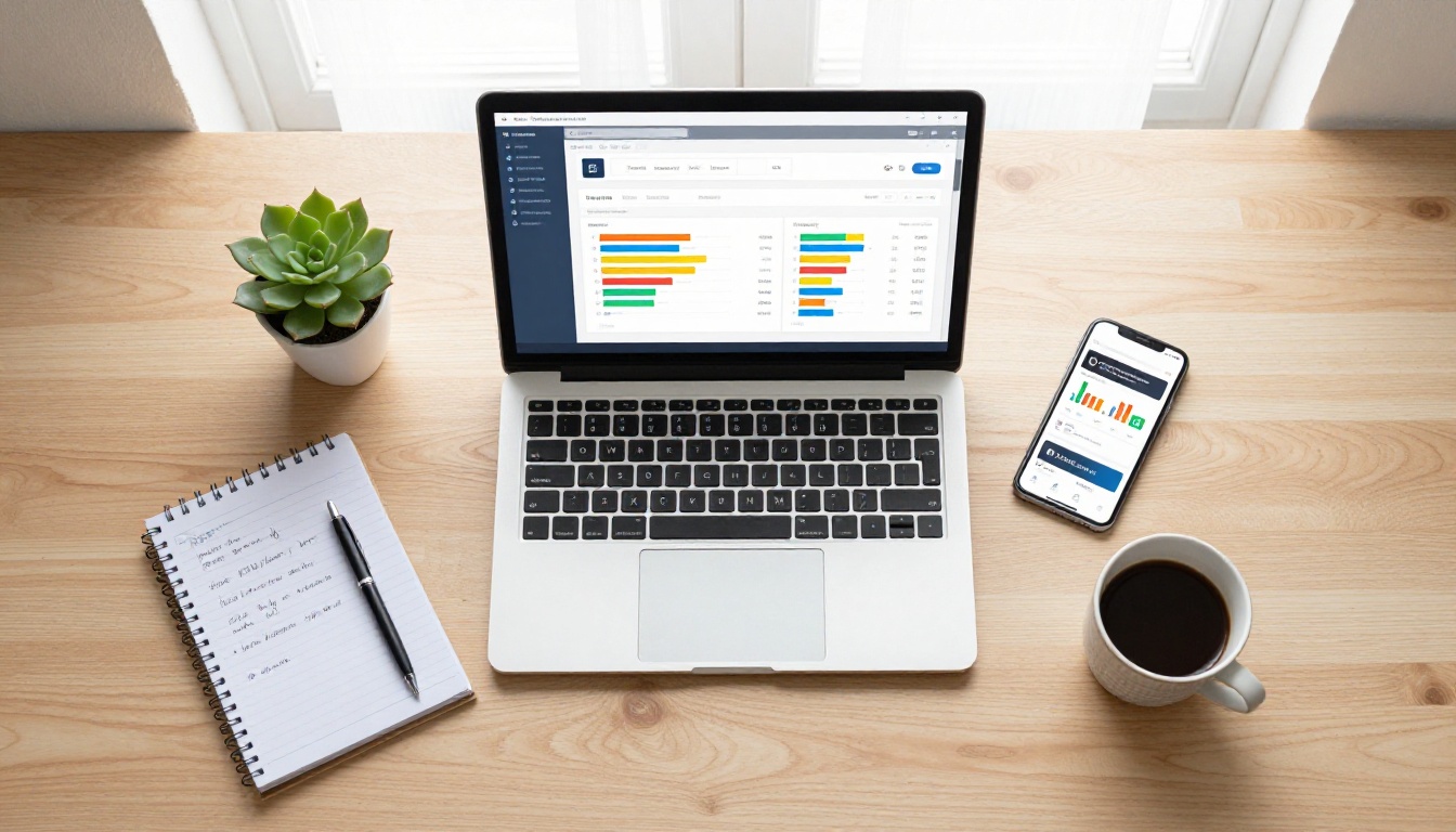 Overhead desk flat lay with laptop showing email dashboard and smartphone with flipbook open