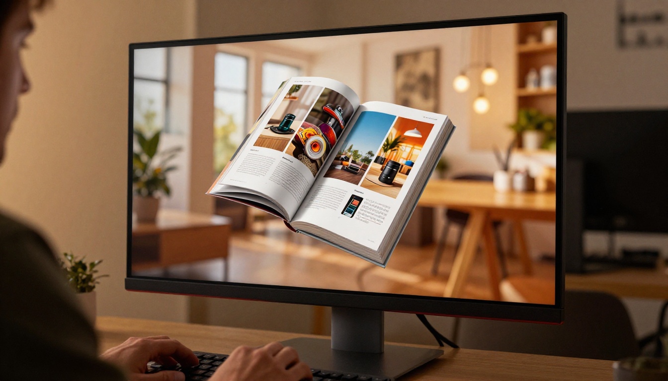 A digital flipbook product catalog page caught dramatically mid-flip on a large monitor