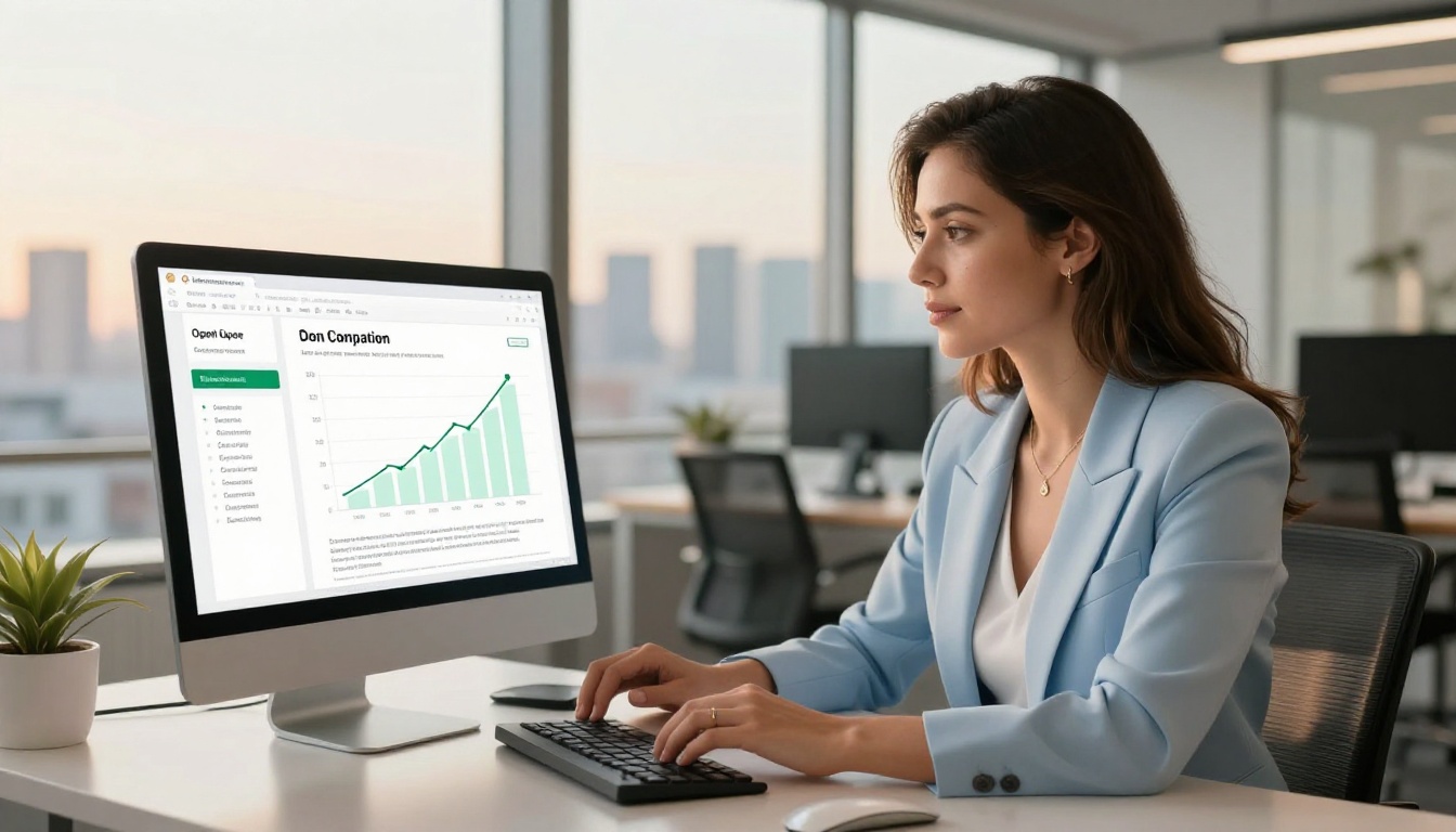 Confident woman in a blue blazer reviewing email campaign performance on a dual-monitor setup in a bright corporate office