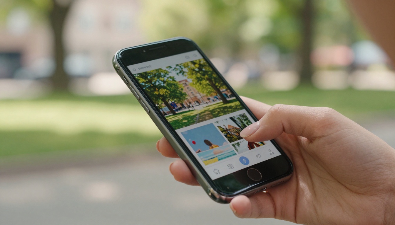 Woman holding a smartphone displaying a mobile-responsive interactive flipbook outdoors in a park