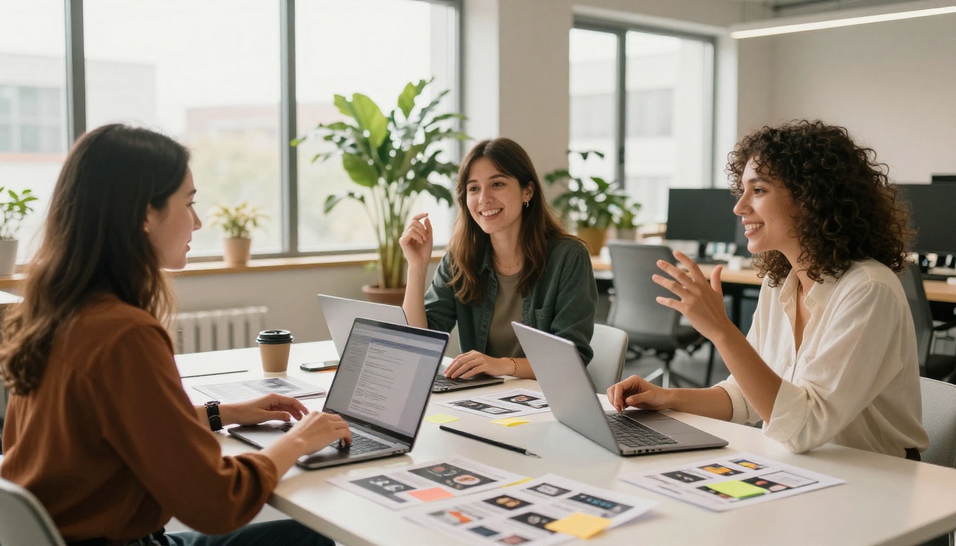 Small marketing team gathered around a conference table discussing email campaign strategy with laptops and printed mockups