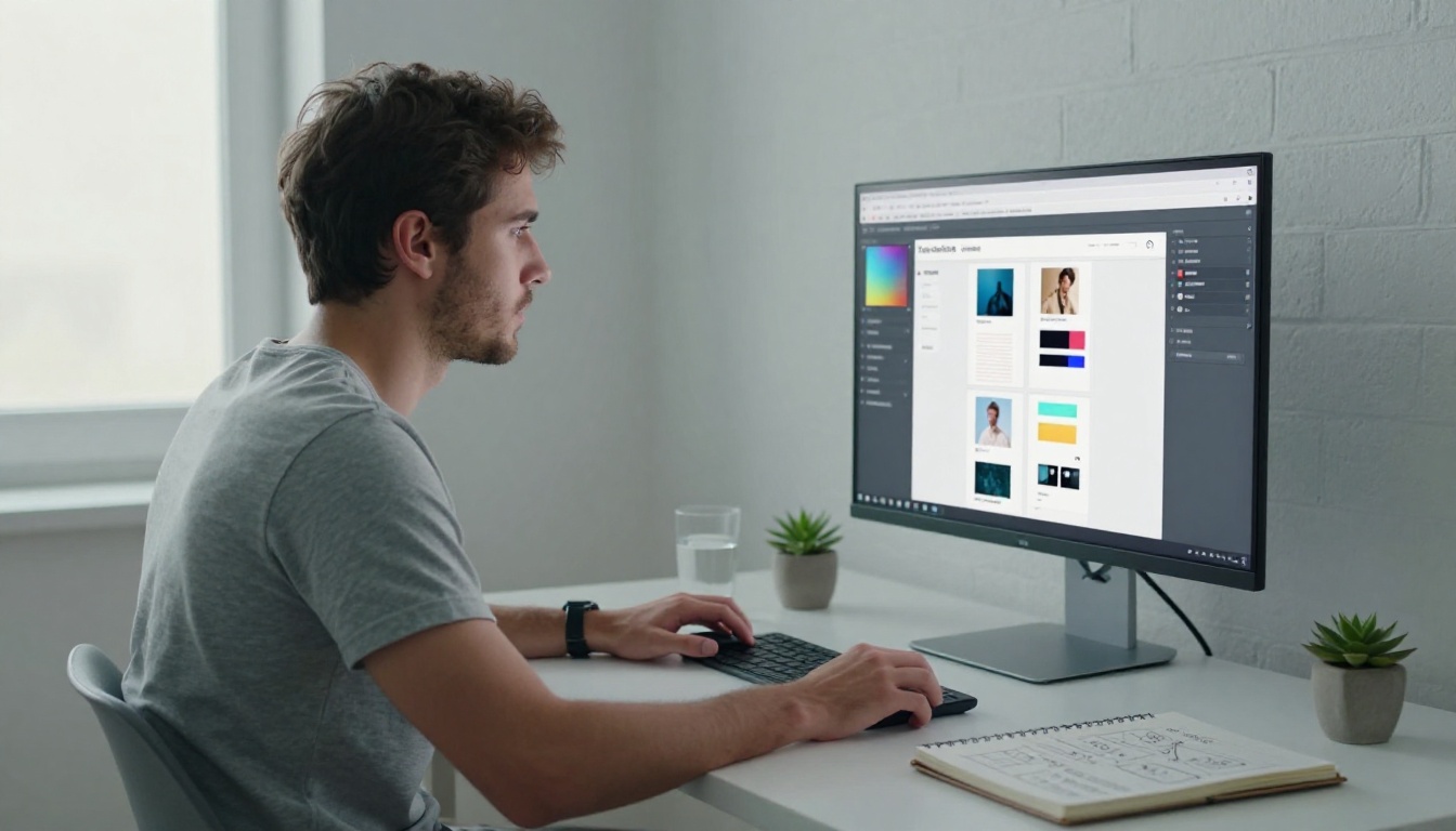 Young man using a free online brochure design interface on desktop monitor Young man using a free online brochure design interface on desktop monitor