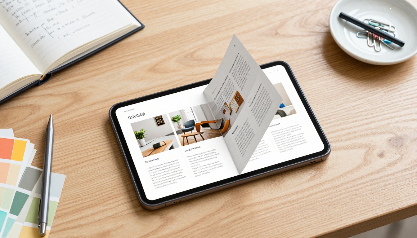 Aerial flat-lay view of smartphone showing page-flipping digital brochure with design tools around it Aerial flat-lay view of smartphone showing page-flipping digital brochure with design tools around it
