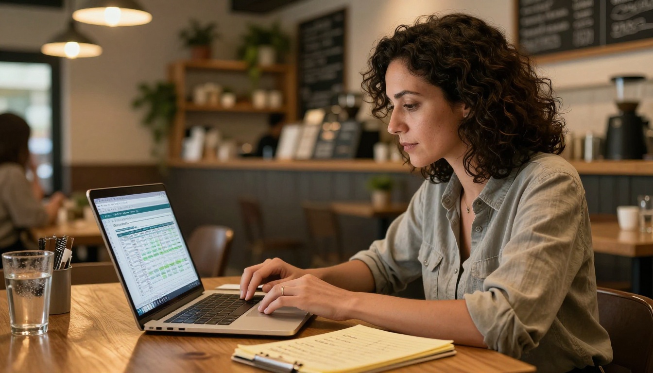 Small business owner at coffee shop planning budget and brochure design on laptop Small business owner at coffee shop planning budget and brochure design on laptop