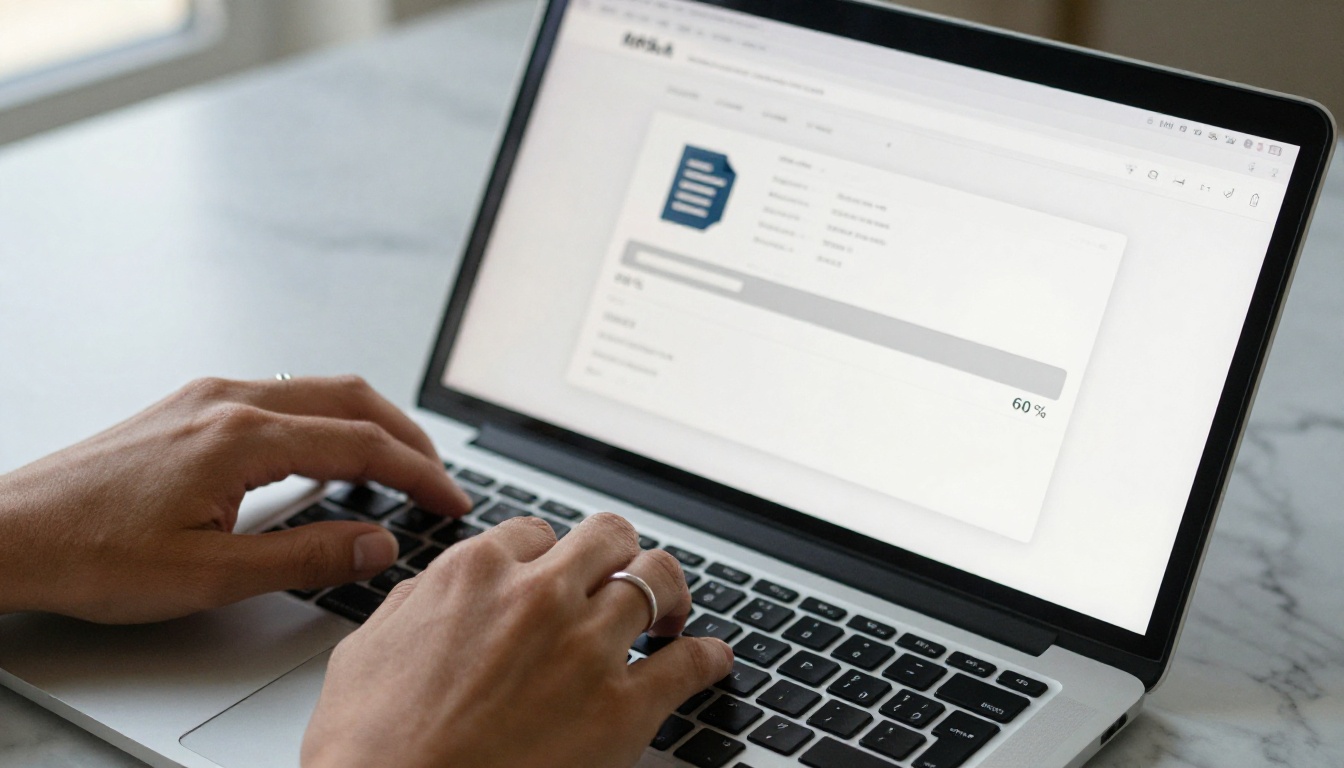 Close-up of hands uploading PDF file to a website dashboard with progress bar visible Close-up of hands uploading PDF file to a website dashboard with progress bar visible