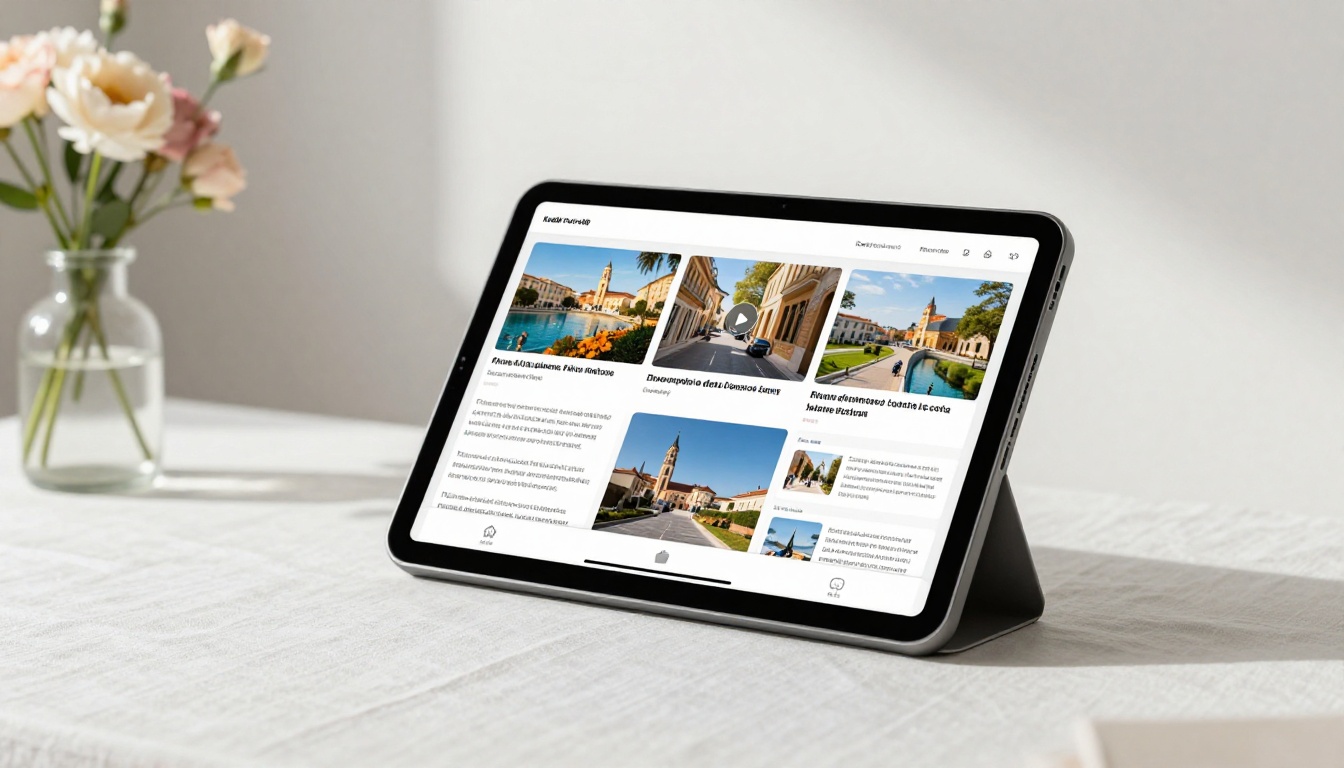 Tablet on stand displaying richly designed interactive brochure with embedded video play button and page curl Tablet on stand displaying richly designed interactive brochure with embedded video play button and page curl