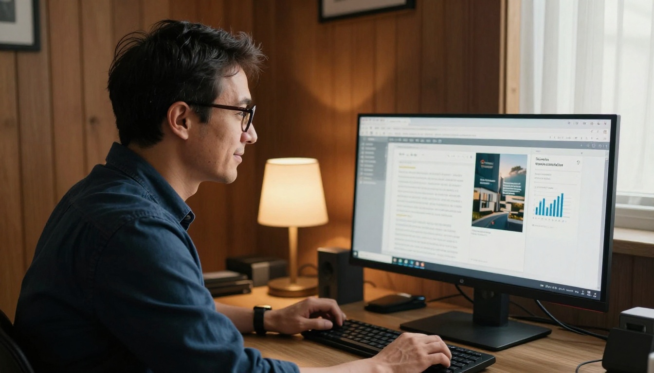Man with glasses sharing interactive brochure via email with analytics chart visible on second monitor Man with glasses sharing interactive brochure via email with analytics chart visible on second monitor