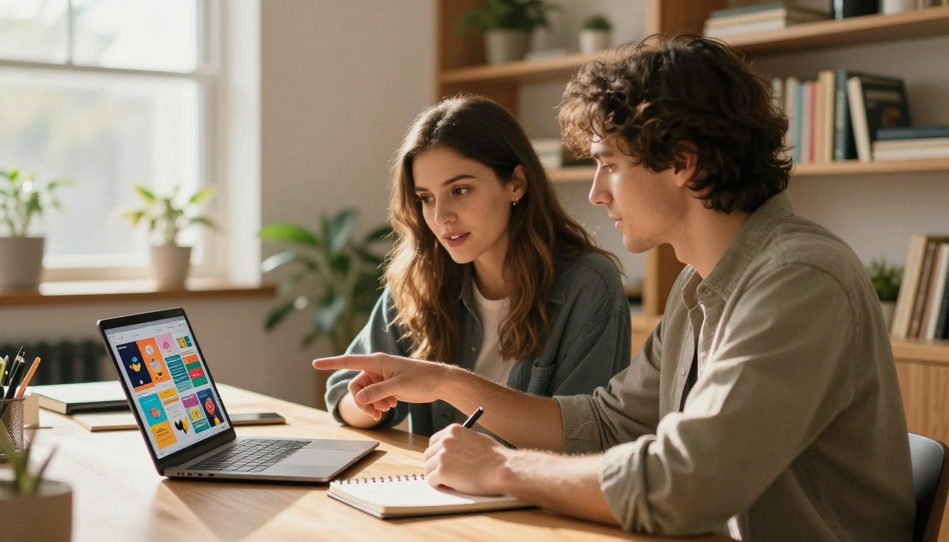 Two people collaborating side by side on brochure design on shared laptop at a sunlit desk Two people collaborating side by side on brochure design on shared laptop at a sunlit desk