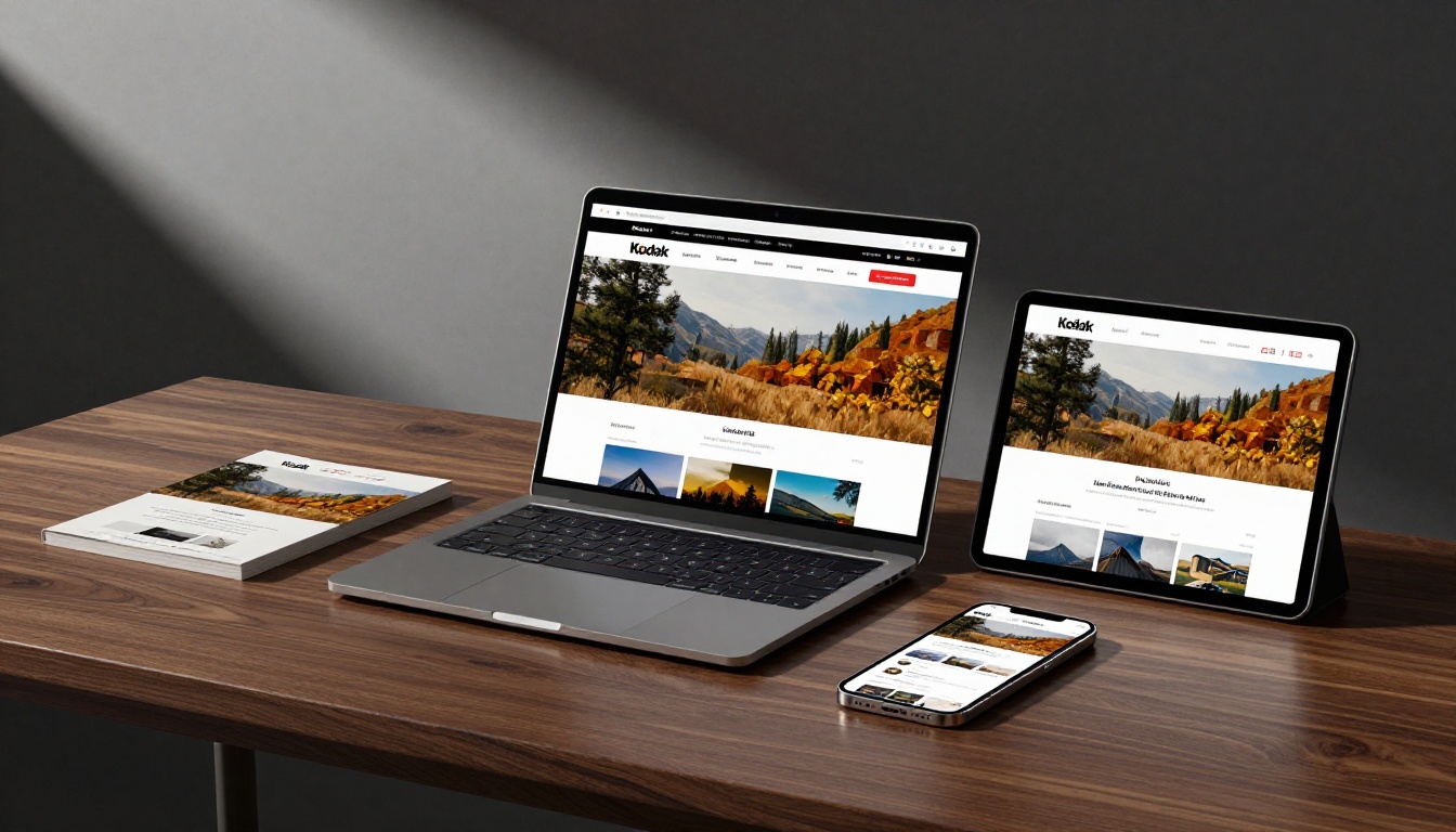 Three devices showing the same digital brochure on laptop, tablet, and smartphone on a walnut desk Three devices showing the same digital brochure on laptop, tablet, and smartphone on a walnut desk