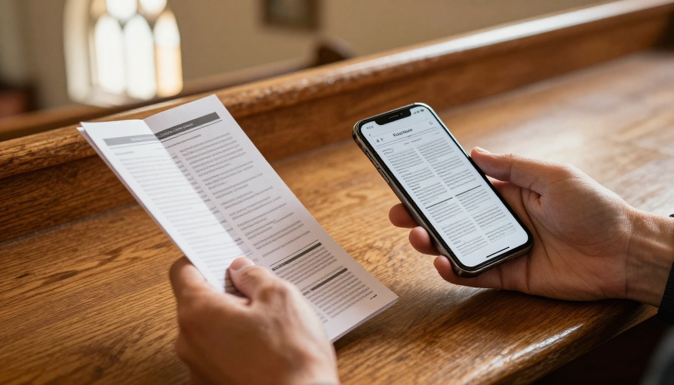 Printed church bulletin alongside a digital flipbook on an iPad inside a church sanctuary