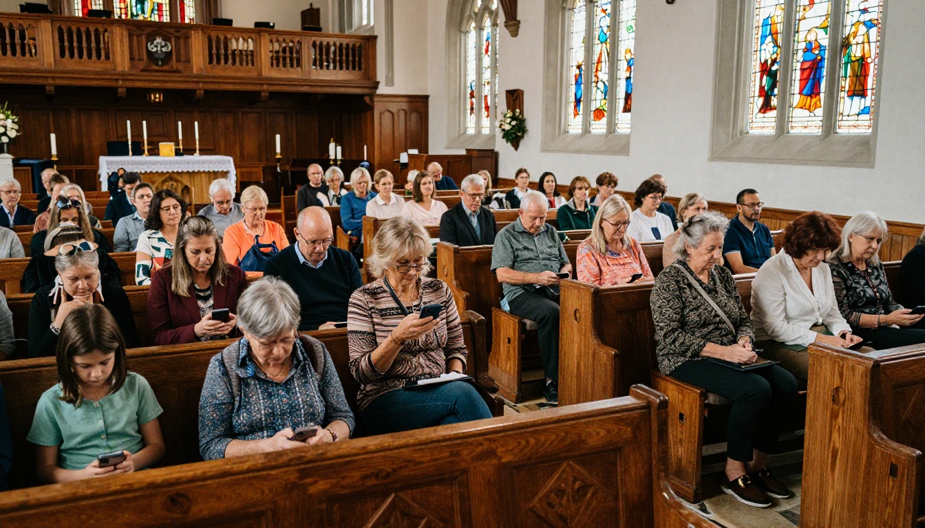 Wide shot of church congregation in pews, several members following along on smartphones and tablets