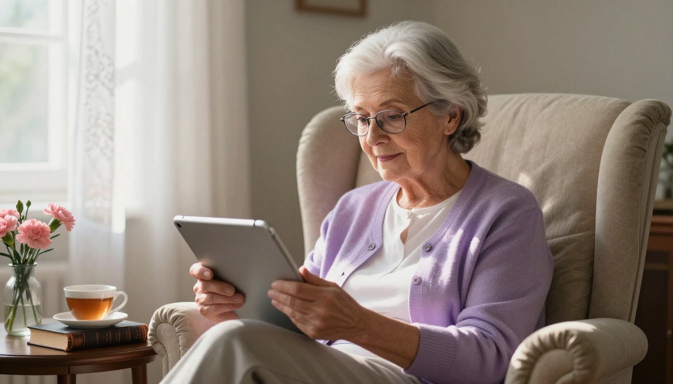 Elderly woman reading a digital church bulletin on a tablet in a warm home setting