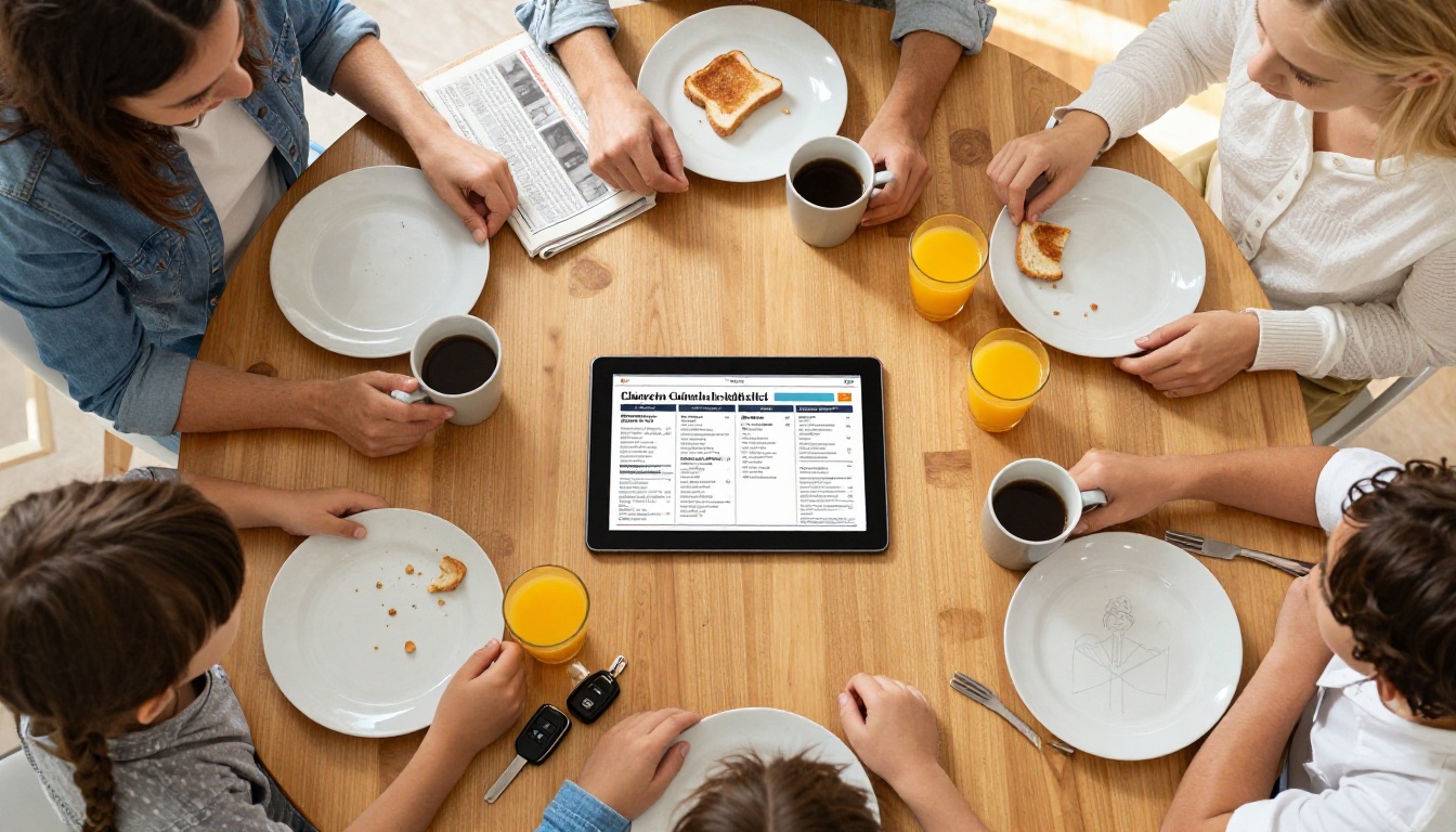 Aerial view of a family gathered around a kitchen table on Sunday morning, tablet showing church bulletin flipbook in center