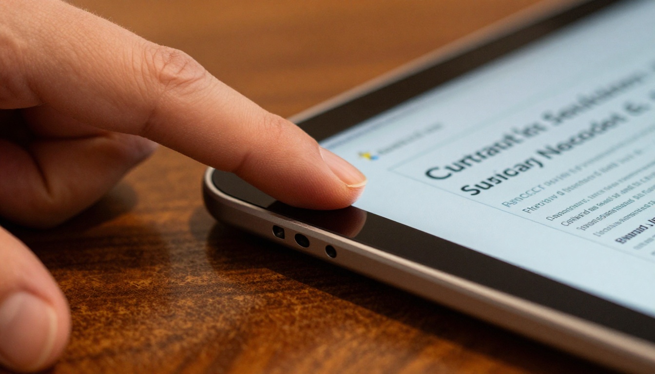 Close-up of a finger touching a tablet screen with a digital church bulletin page caught mid-flip
