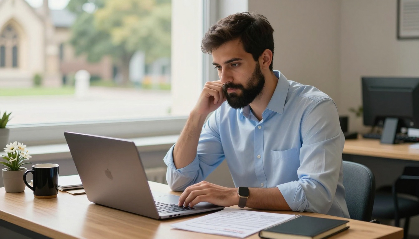 Young pastor reviewing church bulletin content on a MacBook laptop in a church office