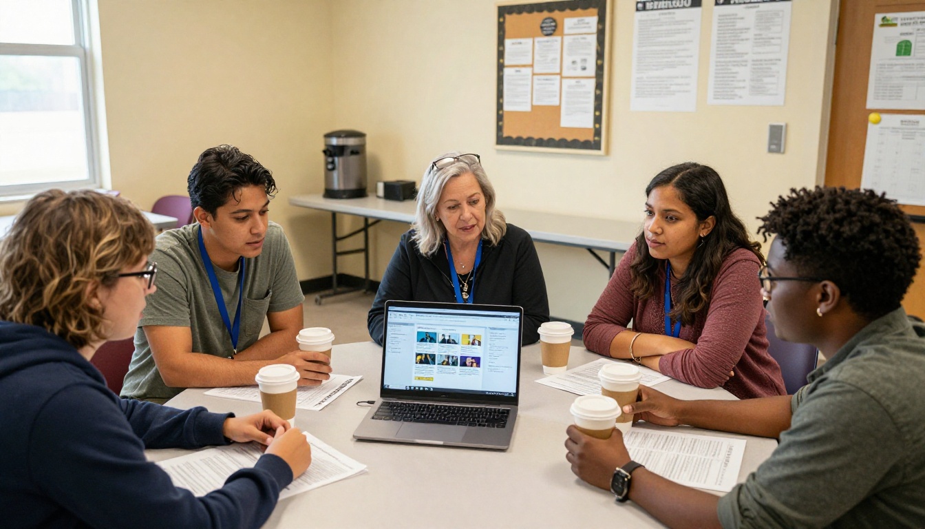 Diverse group of church volunteers gathered around a laptop looking at a digital flipbook interface together