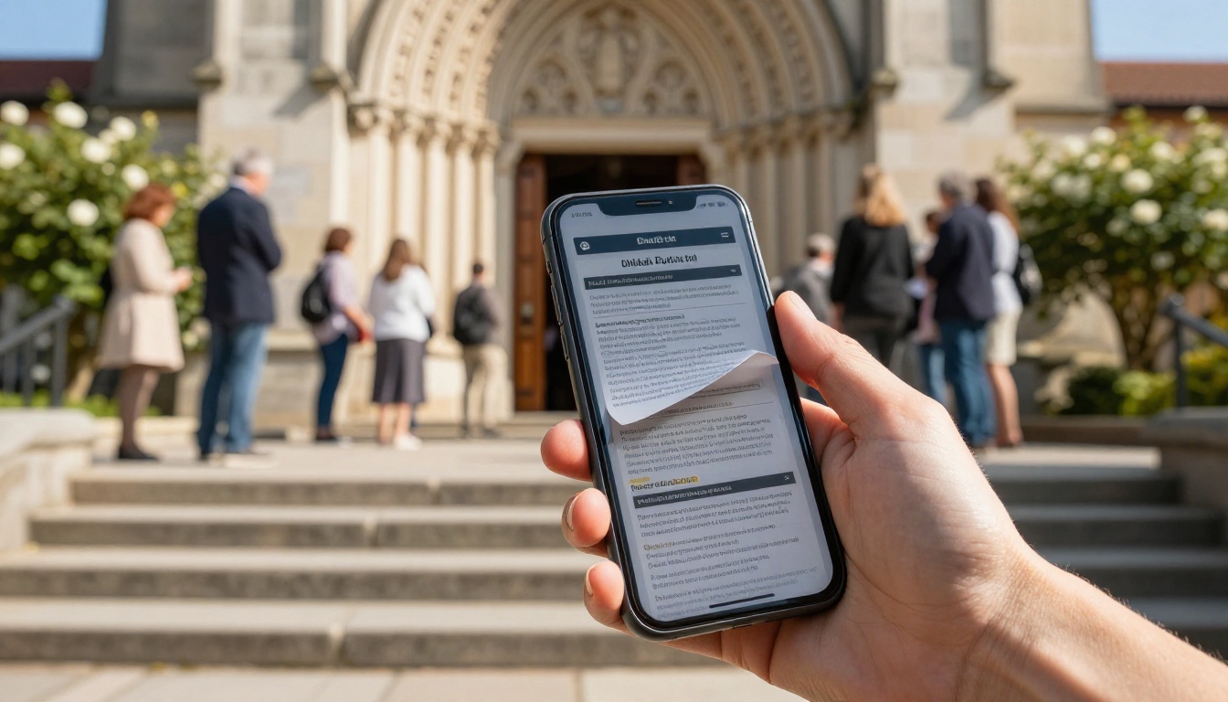 Outdoor shot of a hand holding a smartphone on church steps showing a digital bulletin flipbook, congregation greeting each other in the background