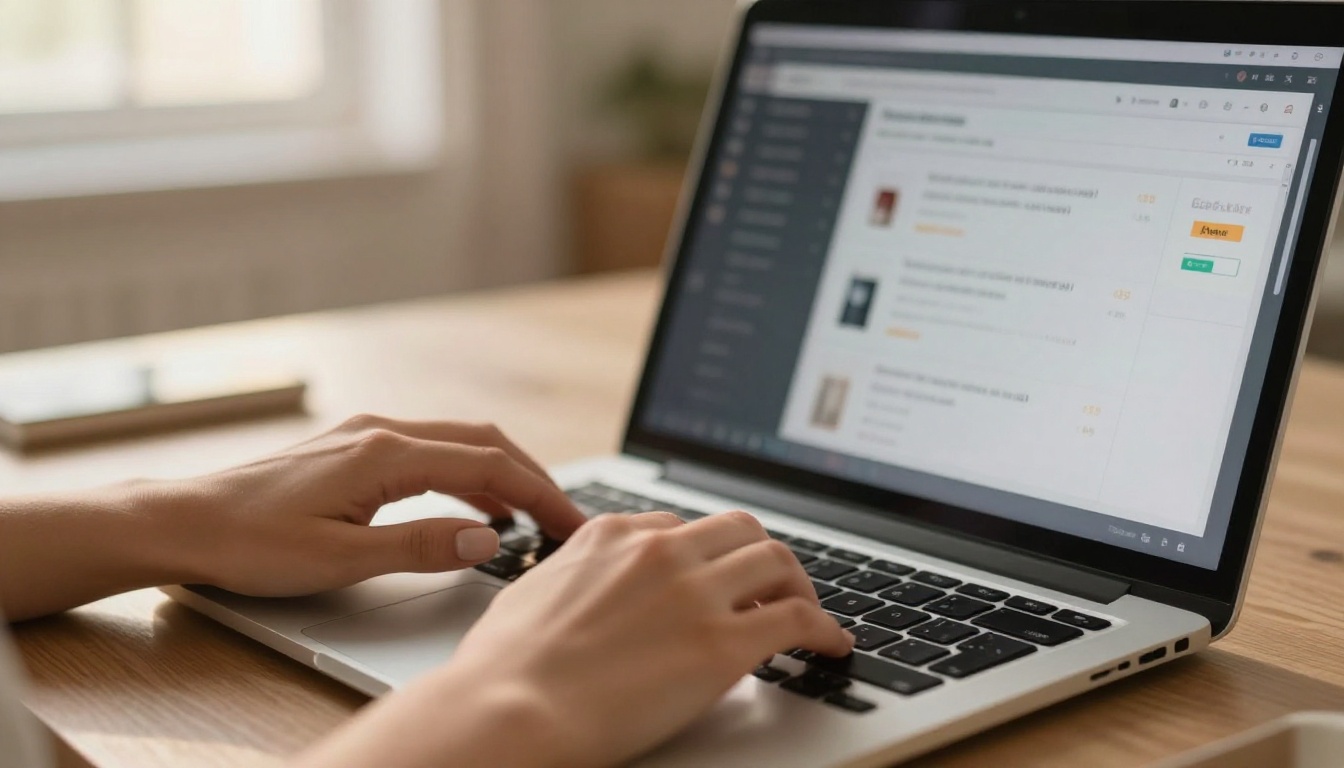 Hands typing on MacBook showing Shopify admin dashboard with embed settings