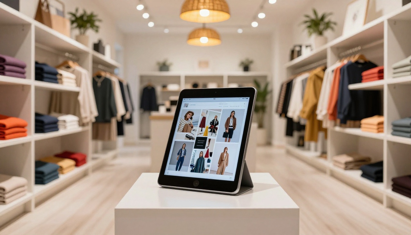 Stylish retail boutique with iPad on stand showing digital lookbook