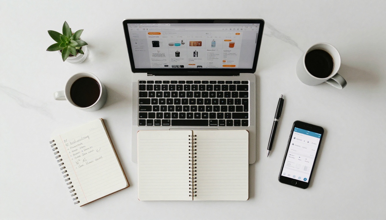Overhead flat lay of workspace with laptop, notebook, coffee, and phone showing ecommerce catalog