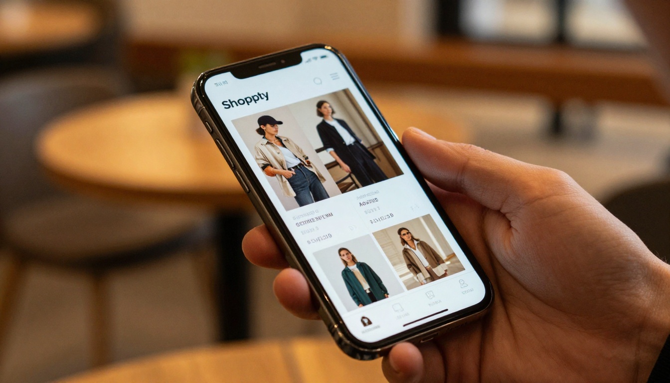 Person holding smartphone showing mobile Shopify store with product catalog
