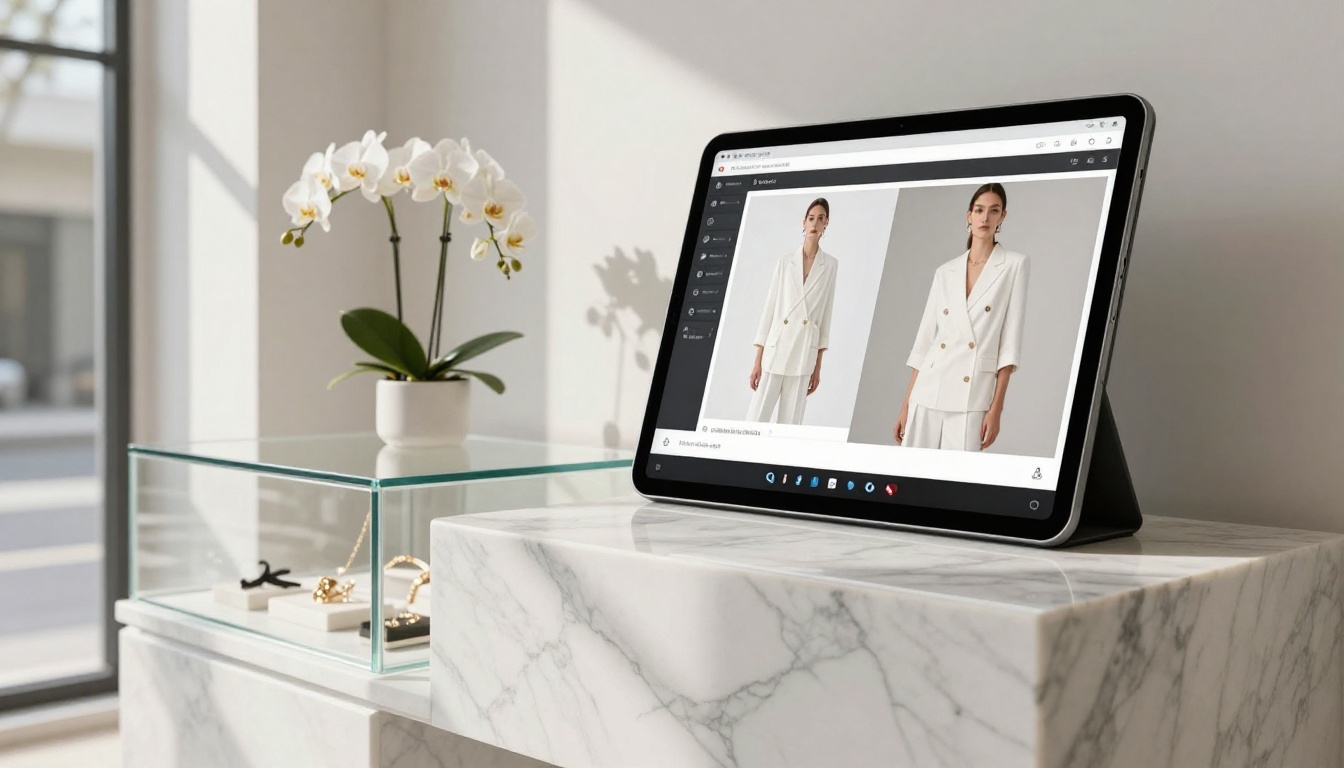 High-end fashion boutique with marble counter and iPad showing luxury digital lookbook