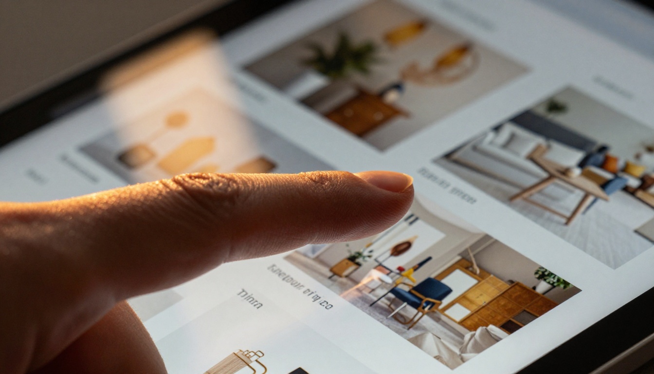 Macro close-up of finger scrolling through digital product catalog with page-flip animation on tablet