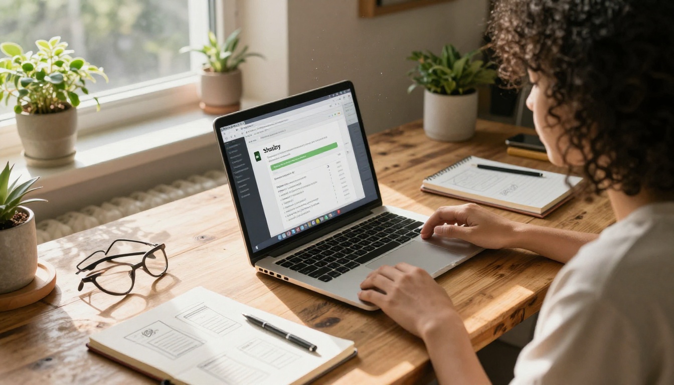 Small business owner at wooden table with Shopify admin and HTML embed code on laptop