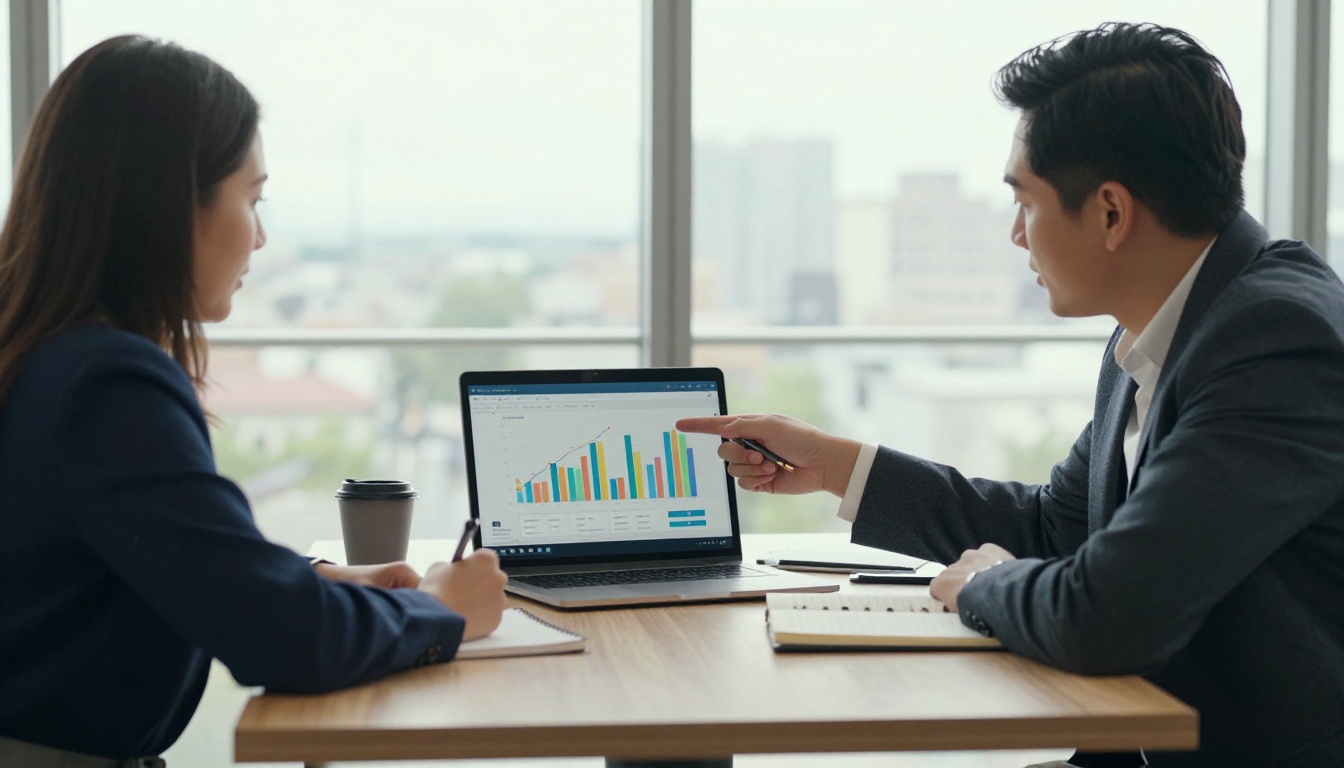 Two professionals reviewing ecommerce analytics dashboard on laptop in co-working space