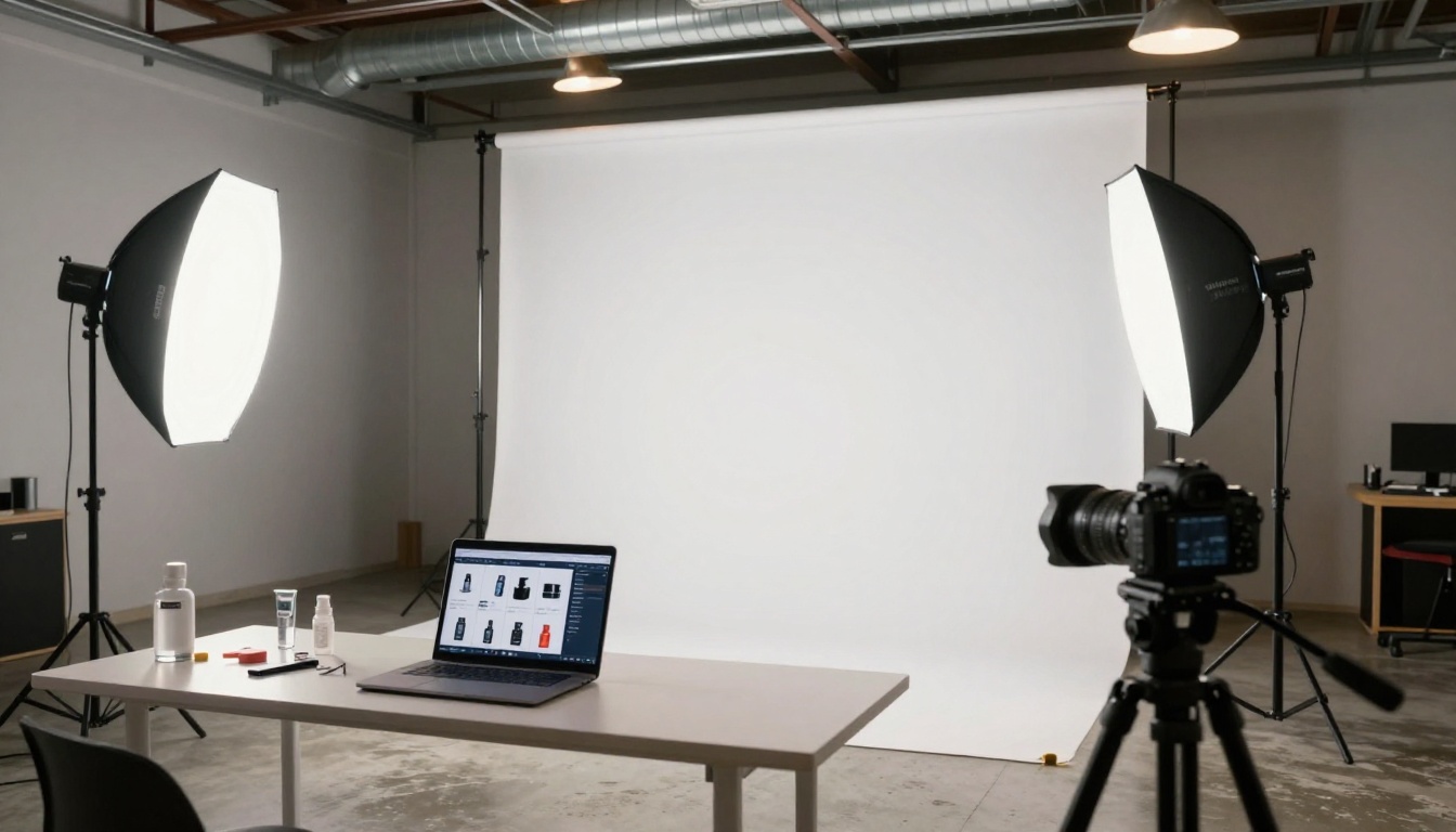 Modern ecommerce product photography studio with laptop displaying digital flipbook catalog