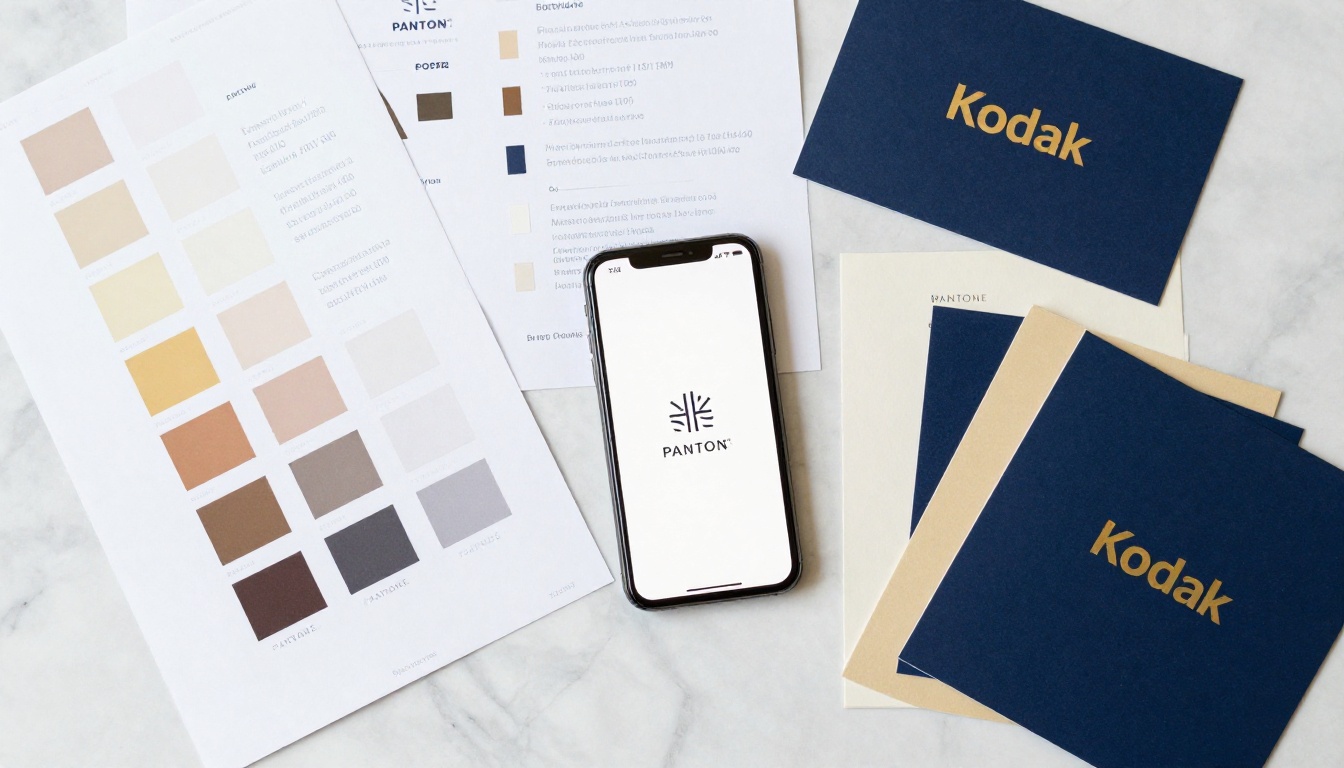 Brand identity kit spread on a marble desk with color swatches, business cards, and a smartphone showing a flipbook Brand identity kit spread on a marble desk with color swatches, business cards, and a smartphone showing a flipbook