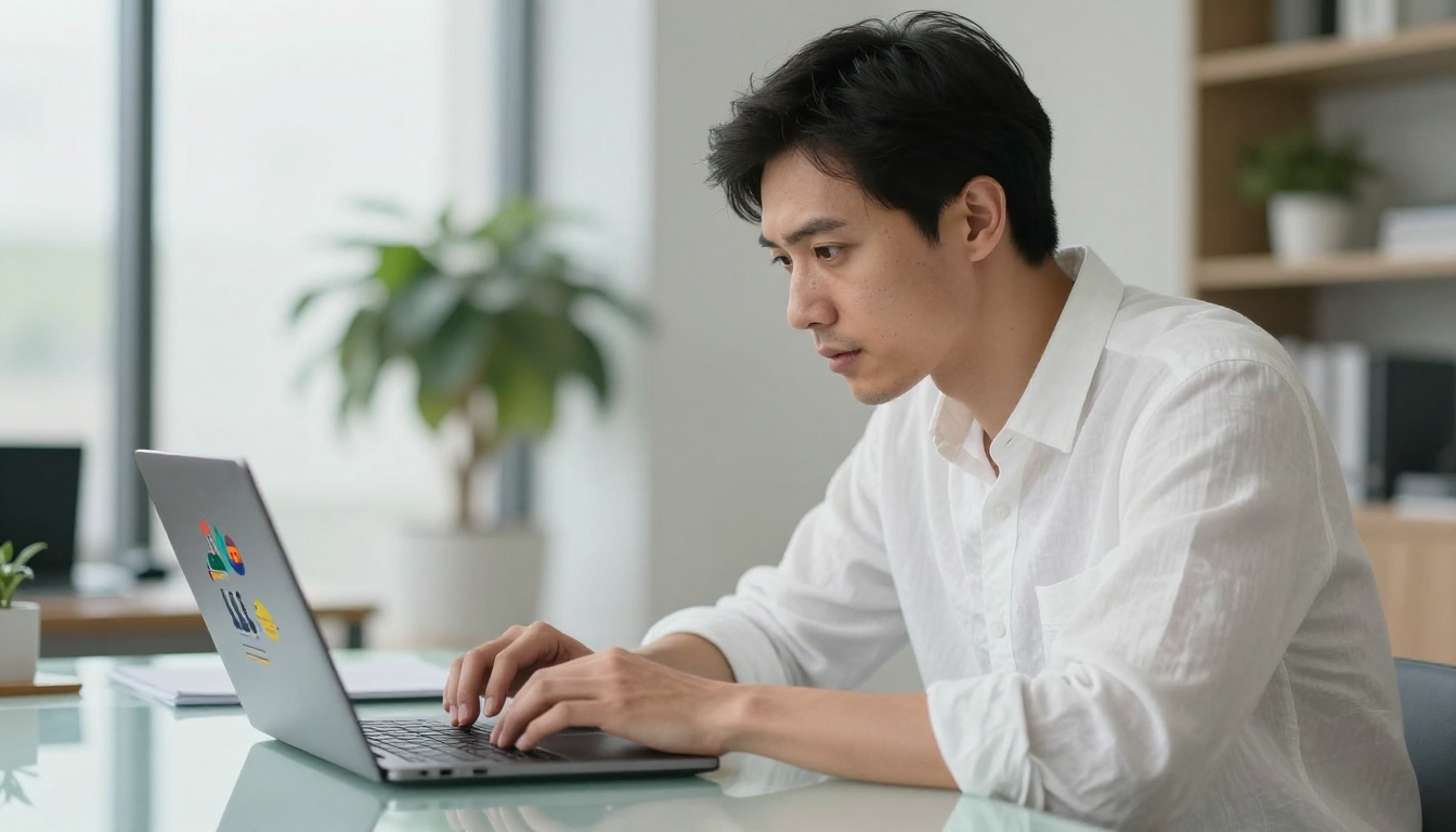 Young man leaning forward reviewing a branded flipbook on laptop in a modern minimalist office Young man leaning forward reviewing a branded flipbook on laptop in a modern minimalist office