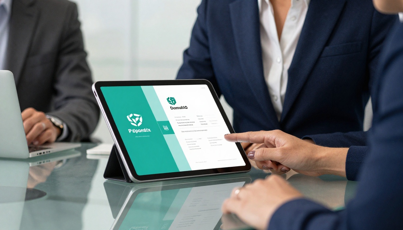 Professional woman presenting a branded flipbook on iPad to a colleague across a conference table Professional woman presenting a branded flipbook on iPad to a colleague across a conference table