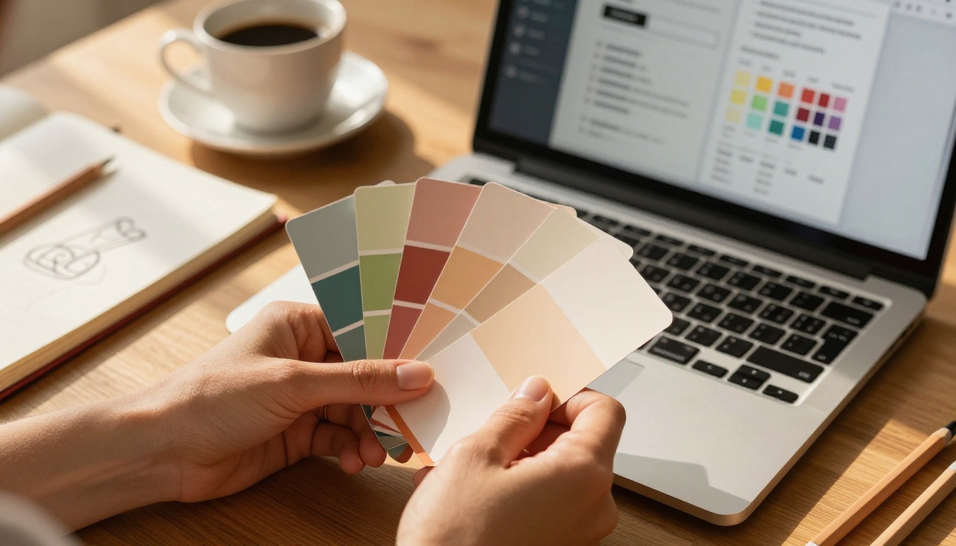Designer's hands holding color swatches next to a laptop showing a flipbook customization interface Designer's hands holding color swatches next to a laptop showing a flipbook customization interface