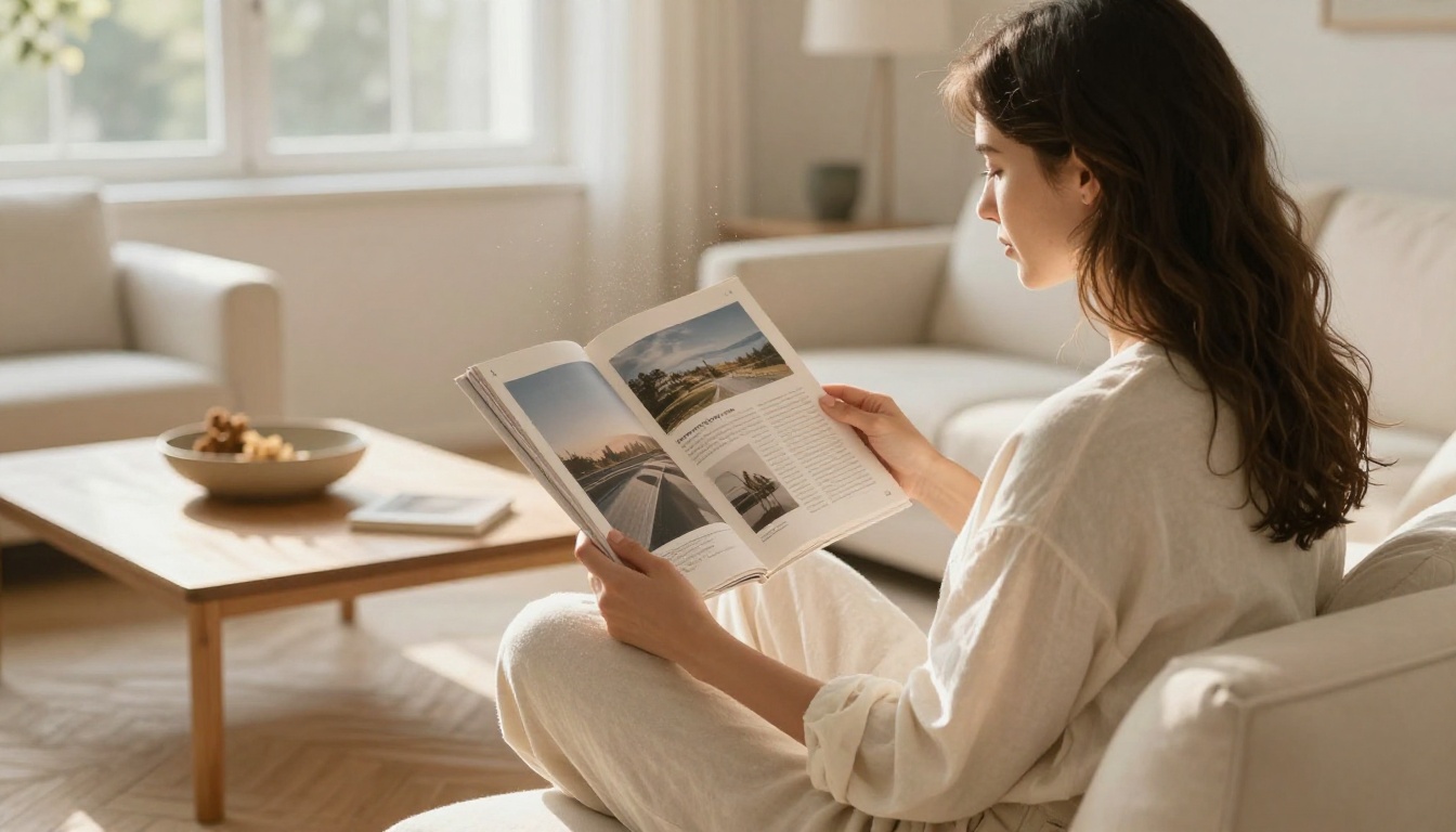 A woman browsing a home décor lookbook on a cream linen sofa in a Scandinavian living room A woman browsing a home décor lookbook on a cream linen sofa in a Scandinavian living room