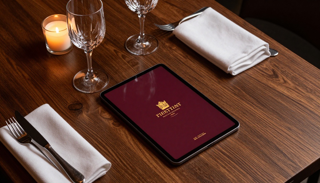 Aerial view of an upscale restaurant table with a digital menu flipbook on a tablet stand beside a wine glass and silverware Aerial view of an upscale restaurant table with a digital menu flipbook on a tablet stand beside a wine glass and silverware